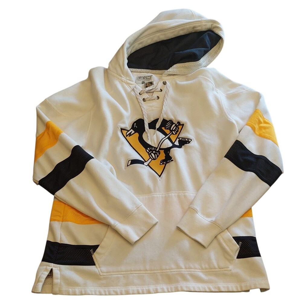 Pittsburgh Penguins NHL Vintage 90s Pullover Sewn White CCM Logo Hoodie Large